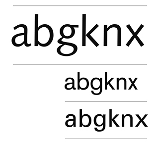 Characteristic Syntax letters, compared to Akzidenz Grotesk and Univers.